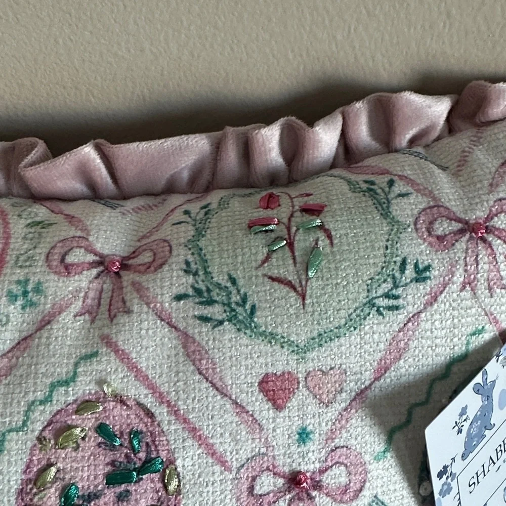 Shabby Chic Easter Egg 🥚 Pillow Pink Ribbon Bow Green Rose Ruffle Trim NEW!